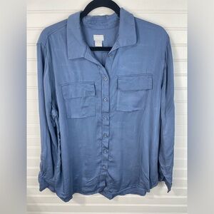 Chico's Blue Classic Button Front Collared Long Sleeve Shirt Womens Size 3 EUC